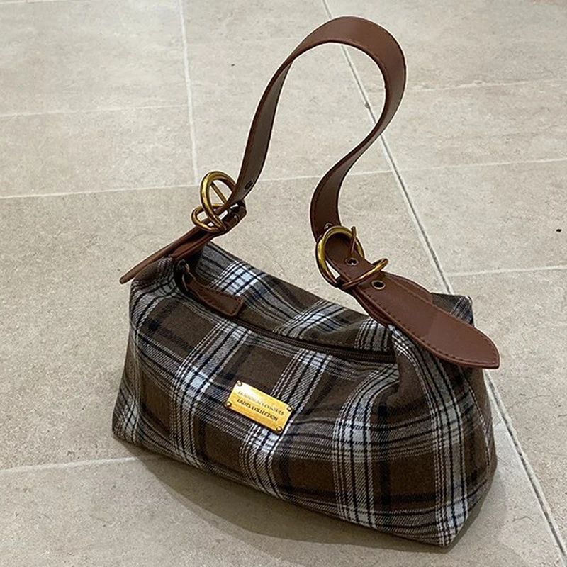 Retro Plaid Women's Hobo Bag Korean Sweet Preppy style Shoulder Underarm Bag Trendy Color Block Large Capacity Casual Bag Dating