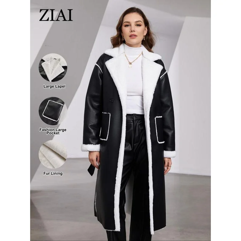 Women's solid color waist belt off shoulder imitation fur leather jacket, autumn and winter casual long sleeved lapel coat,