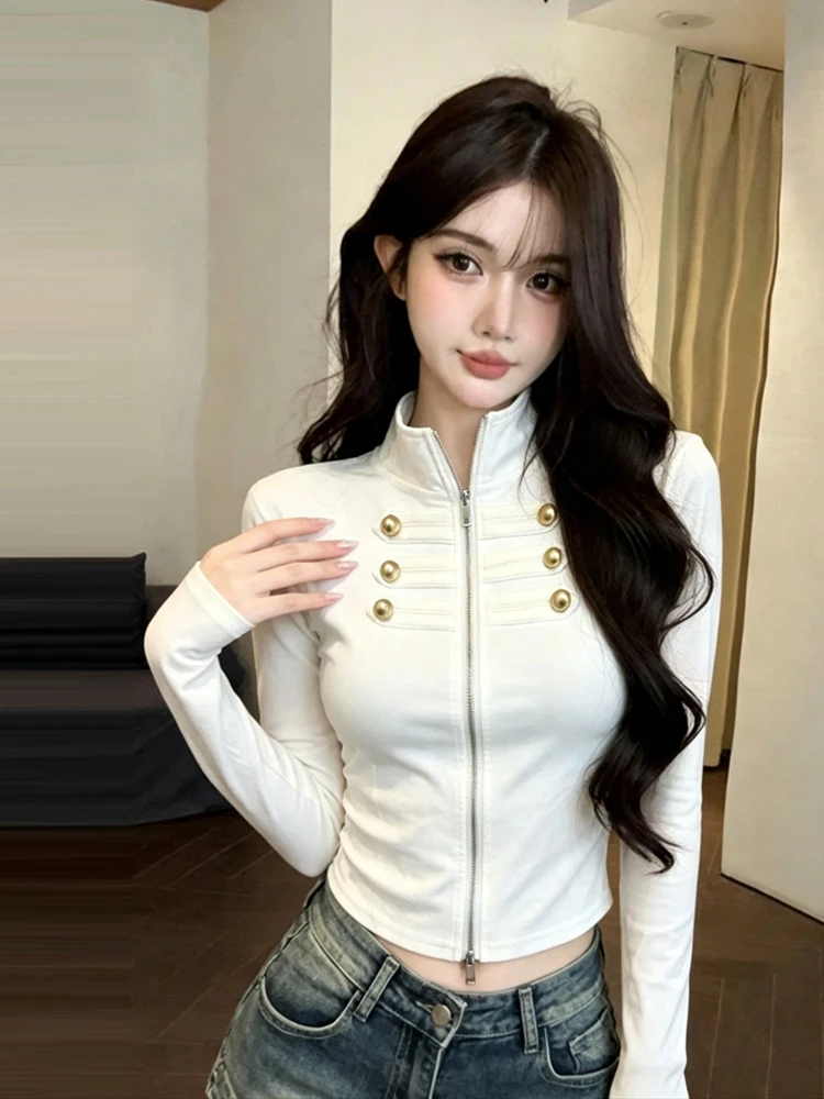Stylish Short Zipper Half High Collar Slim Fit T-Shirt Women's Cardigan American Retro Slimming Top for Young Girls