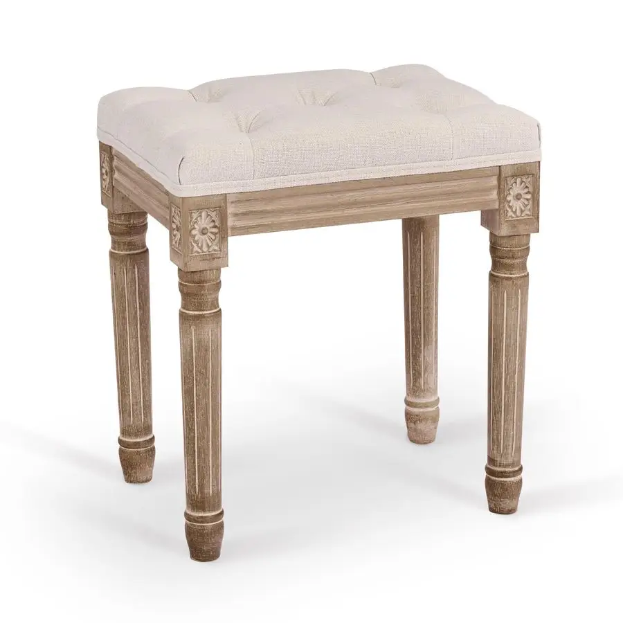 

Ottoman Stool, 18.5 in High, Beige, with Padded Seat, Wood Frame, Button Tufted, for Dining, Living Room, Bedroom, Piano, Dress