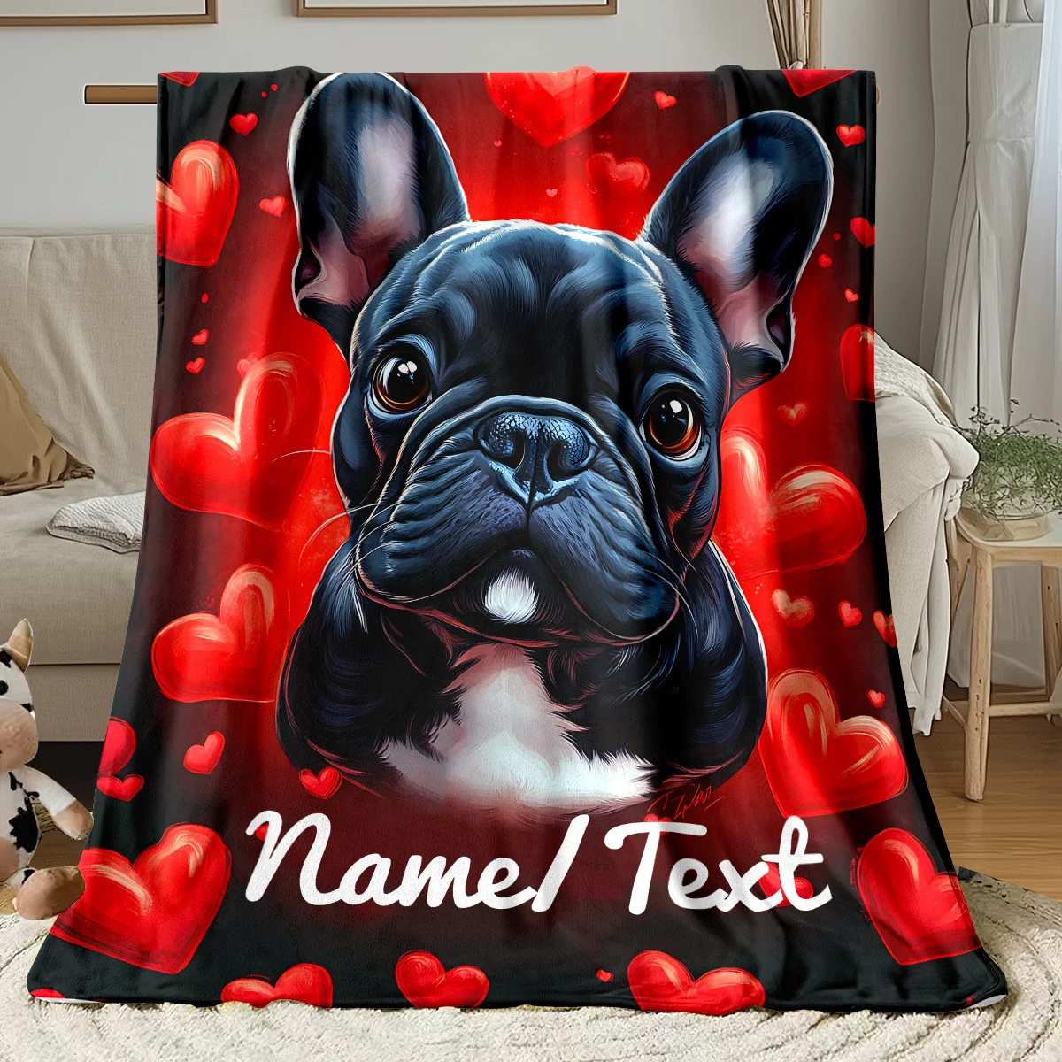 Personalized French Bulldog Flannel Blanket Soft Warm Throw with Adorable Dog Design & Red Hearts for Home Travel Camping Gifts