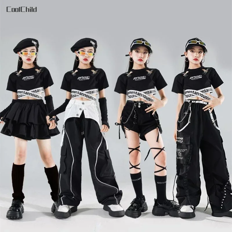 Hip Hop Kids Crop Top Street Dance Cargo Pants Pleated Skirts Girls K-pop Streetwear Children Jazz Costumes Stage Clothes Sets