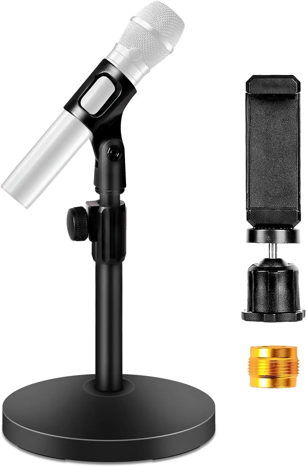 

Desktop Mic Stand with Weighted Base, Adjustable Height, Phone Clip, 5/8" to 3/8" Adapter