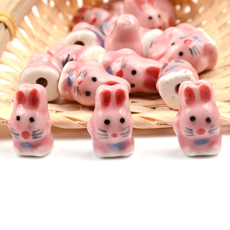 12x19mm Hand Painted Cute Pink Rabbit Ceramic Beads for Jewelry Making Supplies Loose Spacer Porcelain Beads Diy Accesorios