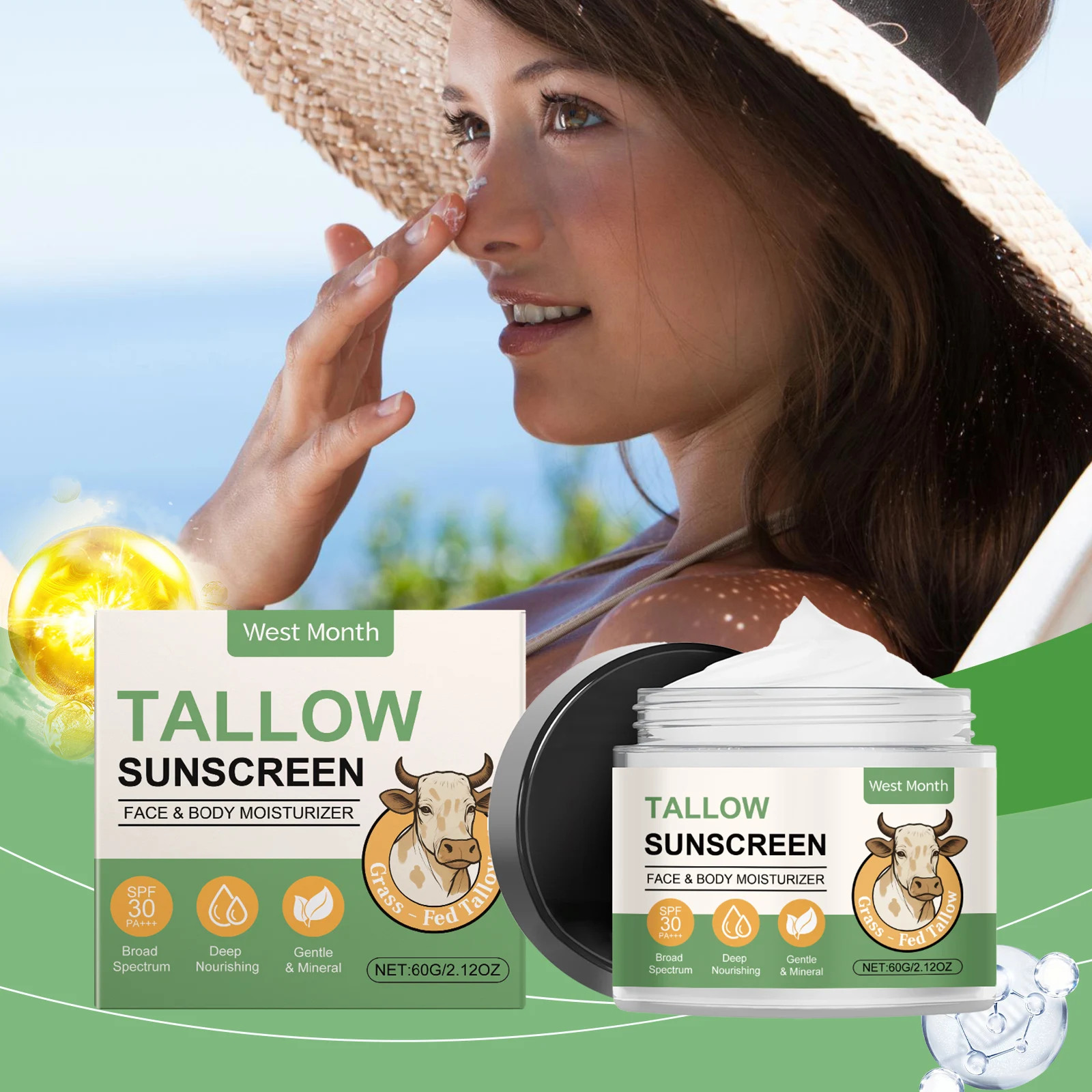 

Солнцезащитный крем Tallow Spf30 + против солнечных ожогов, УФ-увлажняющий солнцезащитный крем для лица, освежающий уличный долговечный солнцезащитный крем