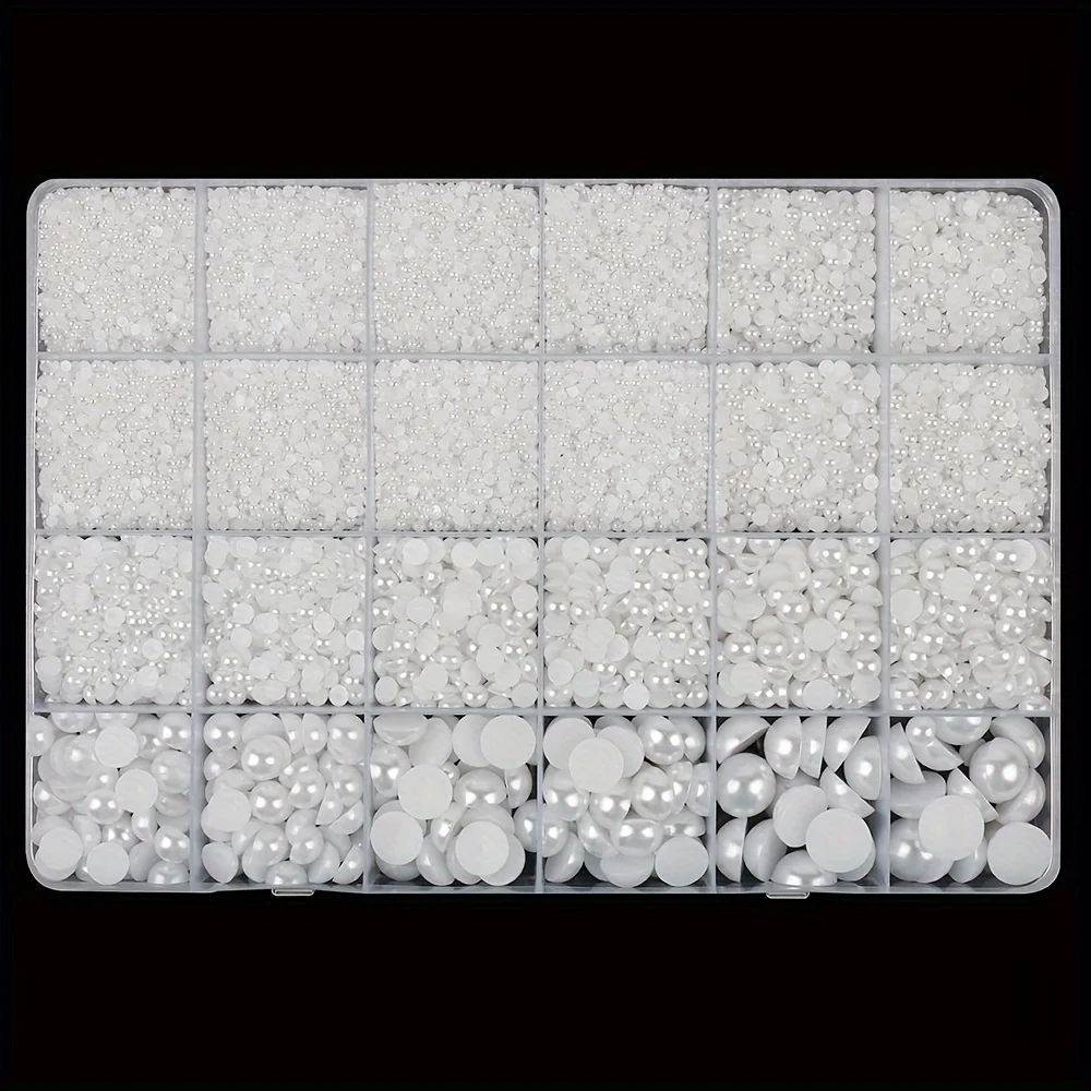 11330 ชิ้น 24 กริดสีขาวแบนไข่มุกเล็บสำหรับตกแต่งเล็บ, ครึ่งรอบไข่มุกสำหรับงานฝีมือ