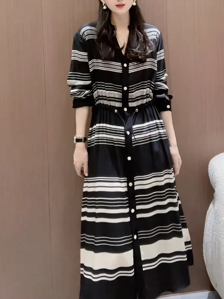 

Новинка: Женское летнее платье в полоску с V-образным вырезом, больших размеров, модное, стройнящее, в корейском стиле, для повседневной носки, ветрозащитное