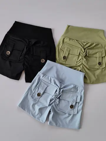 Nude High Waist Peach Hip Seamless Fitness Shorts with Pockets Women's Tight Sports Running Training Dance Hip Lifting Pants