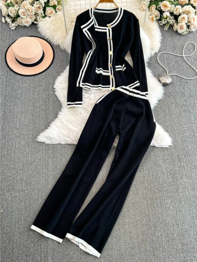 Y2k High Street Outfits Woman Solid Knitted Cardigan + Spaghetti Strap Vest + Wide Leg Pants Autumn Korean Chic 3-częściowy zestaw Nowy