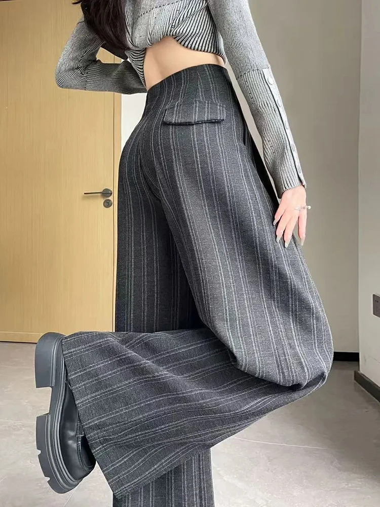 Striped Wide Leg Suit Pants Women Vintage High Waist Spring Autumn Harem Trouser Loose Casual Office Lady Simple Retro Pants New
