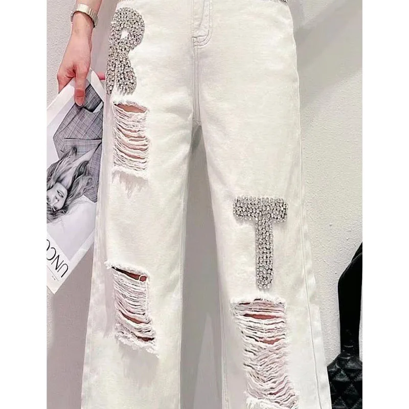 Streetwear Fashion Solid Color Distressed Pants Women's Clothing Autumn Trend Young Style High Waist Diamonds Denim Trousers