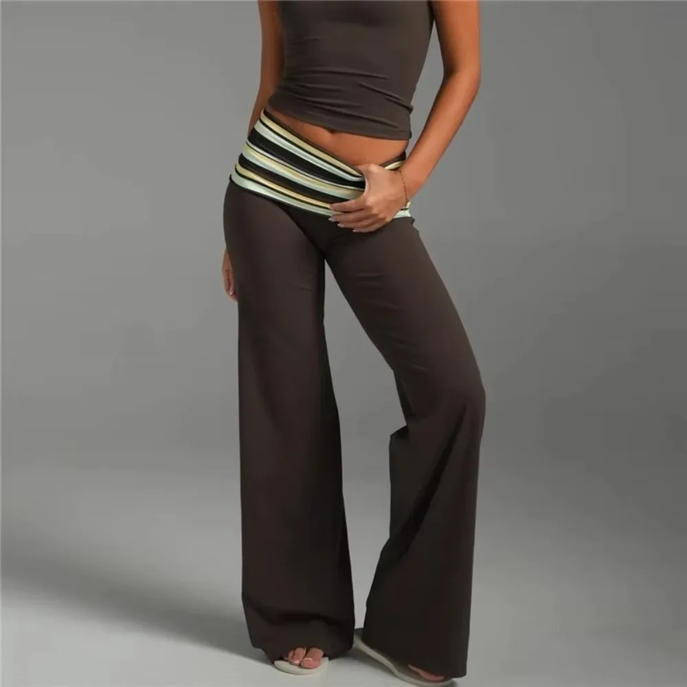 Daily Low Rise Wide Leg Pants Striped Stretchy Fold Over Pants Flare Solid Color Sweatpants Bottoms For Teen Girls