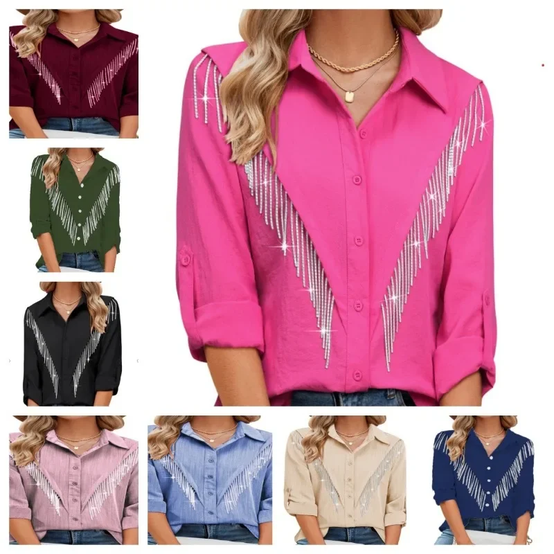 Women\'s Fashion Shiny Rhinestone Fringe Single Breasted Long Sleeve Casual Lapel Shirt Western Cowboy Country Concert Outfit