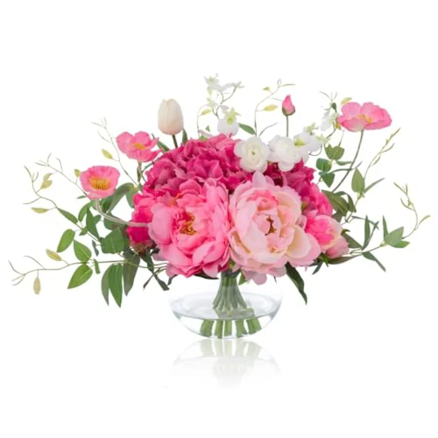 

Home decor table centerpiece with silk hydrangea and peony artificial flowers in fuchsia, faux water vase, soft texture and rea