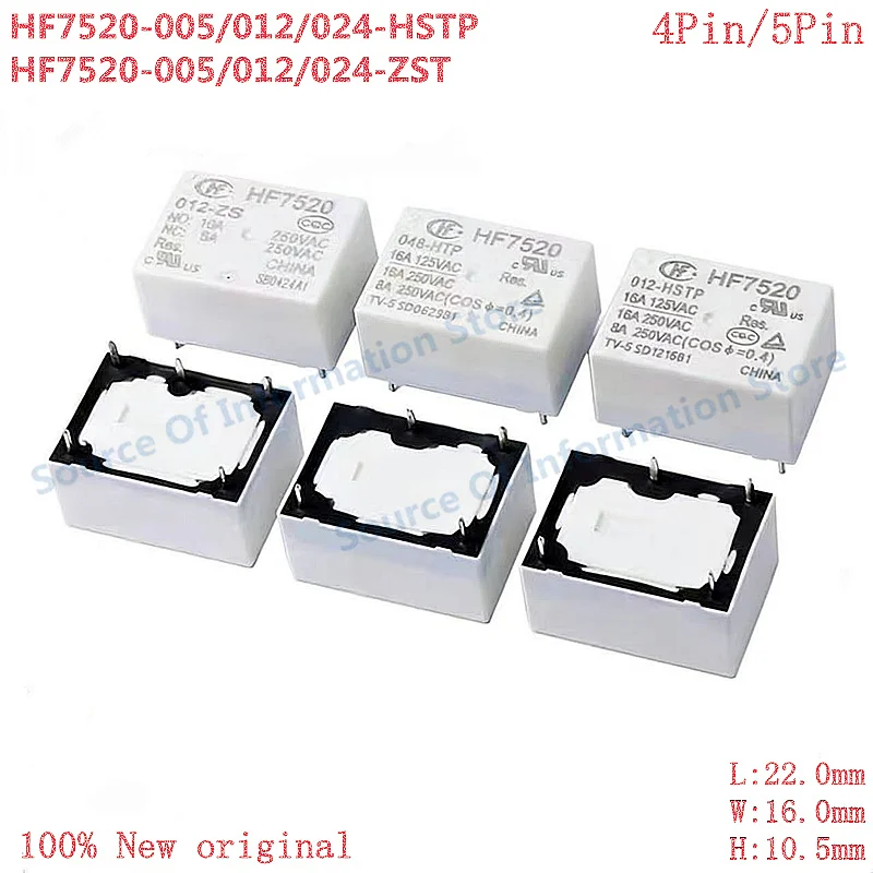 10Pcs HF7520/005/012/024-HSTP -ZST Power Relay 5V 12V 24V 4Pin/5Pin 16A 100% New