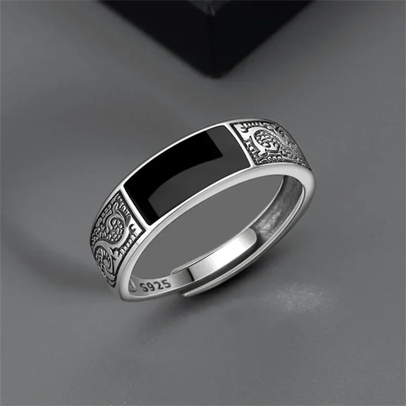 Trendy 925 Sterling Silver Ring For Men Jewelry Black Rectangle Retro Dragon Pattern Ring Male Finger Accessories Open