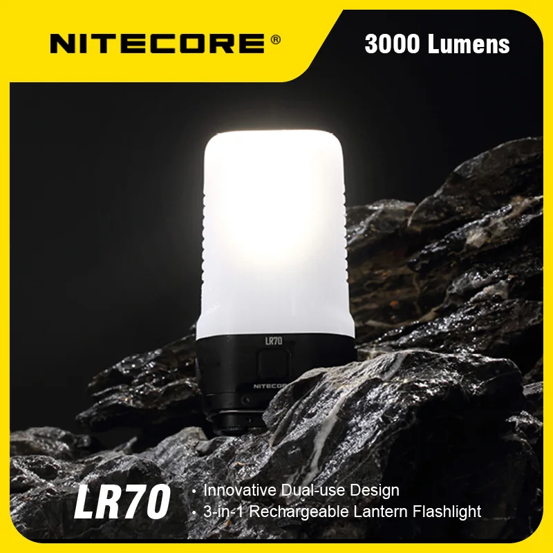 NITECORE LR70 3-in-1 Rechargeable Lantern Flashlight 3000Lumens USB-C Charging Cable Placement Hanging Handle Available