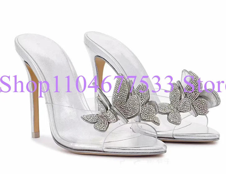 

Fashion PVC Crystal Butterfly Lady Sandals Sexy Thin Heel Peep Toe Woman Slippers Female Large Size Casual Sandals Pumps