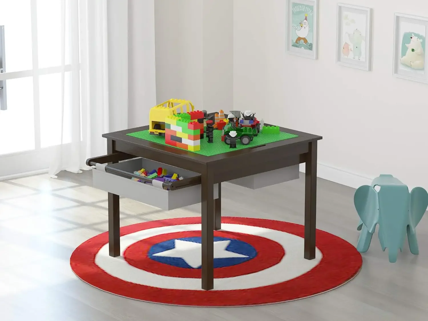 

2 in 1 Kids Construction Play Table with Storage Drawers and Built in Plate (Espresso with Grey Drwaer)