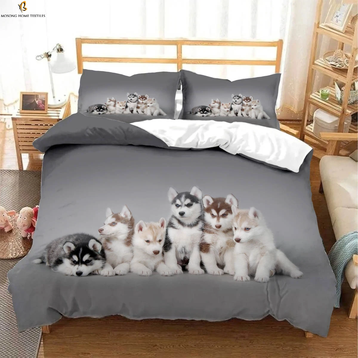 

3pcs Cute Dog 3D Printed Quilt Cover Kids Room Bedding Set 100% Polyester Machine Washable Duvet Cover Pillowcase