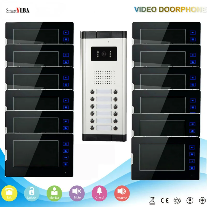 SmartYIBA 2-12 Units Apartment Video Intercom System Building Video Door Intercom System Touch Screen Doorbell Kits