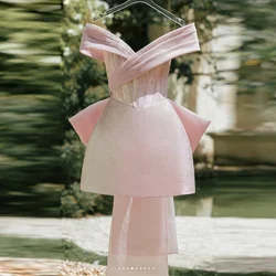 Vestidos de graduación sin hombros para mujer, Mini vestidos de graduación de lentejuelas de longitud impresionante, vestido plisado con lazo para fiesta, elegante, Rosa dulce