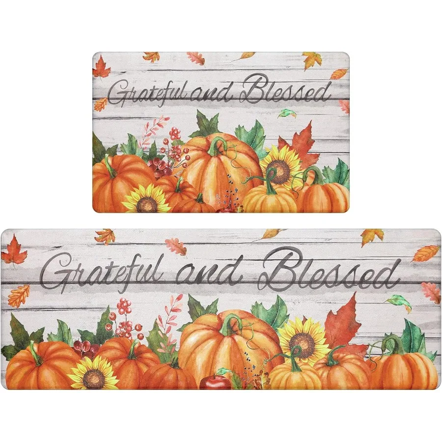 

Fall Pumpkin Kitchen Rugs Set of 2 Farmhouse Kitchen Floor Mat Non Slip Anti Fatigue Kitchen Mats for Floor Waterproof Cushione