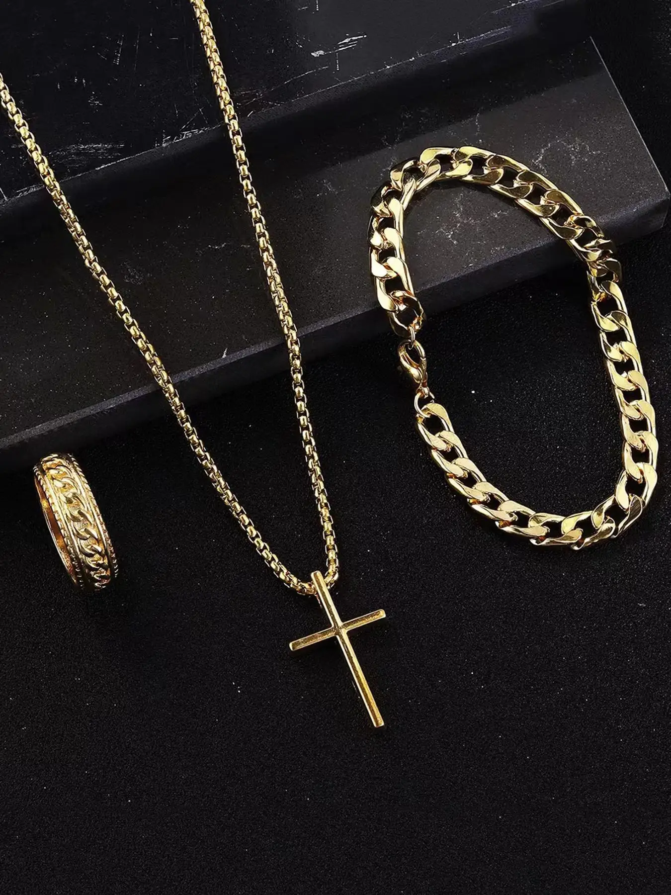 3 قطعة مجموعة الرجال الفولاذ المقاوم للصدأ المعادن الصليب سلسلة بدلاية قلادة سوار خاتم مجموعة الذكور الهيب هوب ارتداء اليومي الملحقات #6