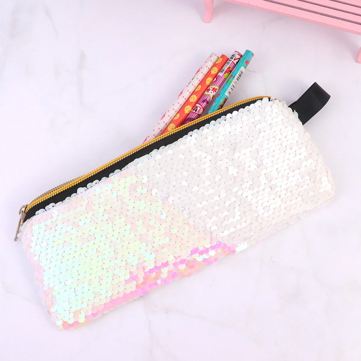 

Handheld White Sequins Zipper Pencil Bag Shiny Portable Multifunction Pen Pouch Stationery Coin Storage
