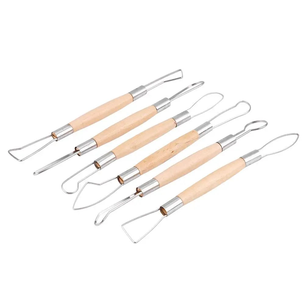 6 Stuks Dubbele Kop Klei Carving Tools Met Houten Handvat-Diy Craft Wax & Ribbon Set