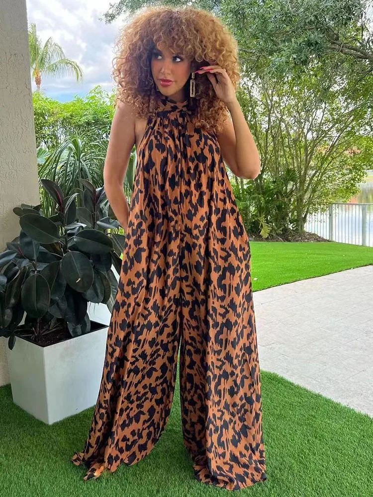 

Cheetah Leopard Printed Halter Jumpsuits Woman Backless Sleeveless Summer Outfits One Piece Overalls for Women Romper Clubwear