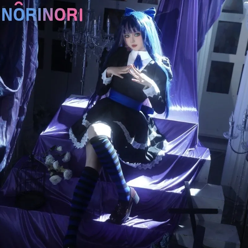 Anime Panty & Stocking with Garterbelt Younger Sister Anarchy Stocking Cosplay Costume Gothic Maid Lolita Dress Wig Long Socks
