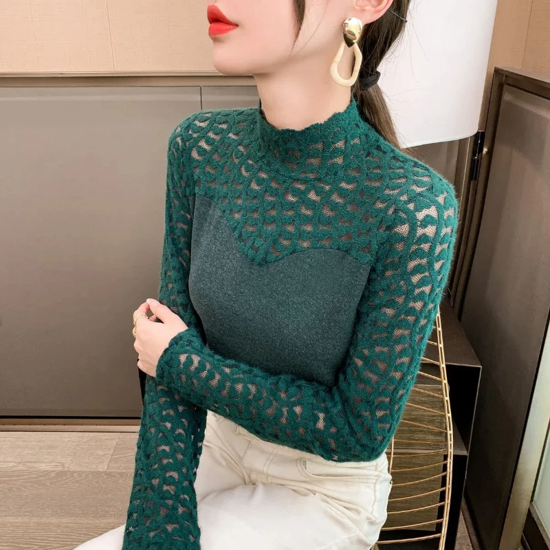 Korean Fashion Autumn Winter Women\'s Mock Neck Solid Lace Hollow Warm Elegant Long Sleeve Loose Pullovers Bottoming Shirt Tops