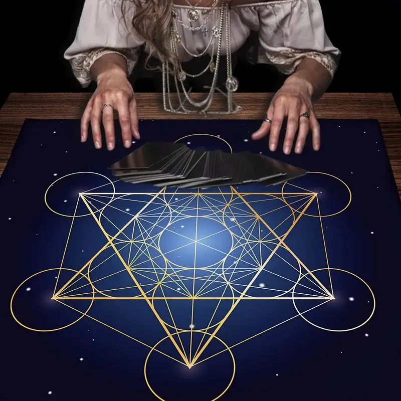 Tarot Altar Cloth Blue Gold Metatron Cube Sacred Geometry Divination Mat for Wiccan Astrology Tarot Reading Meditation Decor
