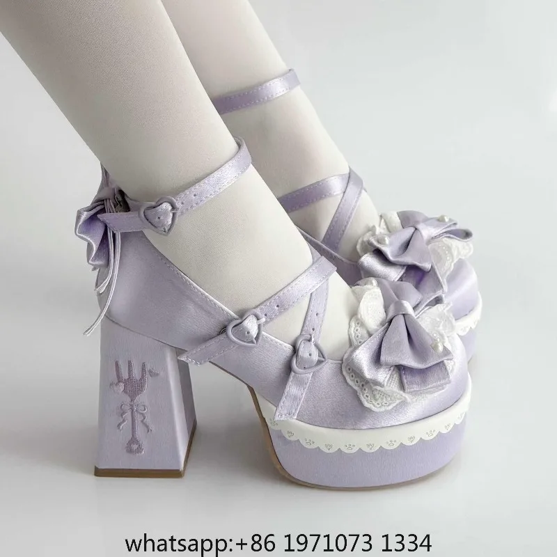 Lovely Girls Lolita High Heels Platform Shoes ,Young Women Students Sweet Pearl Lace Bowknots Embroidery Ankle Strap Mary Janes