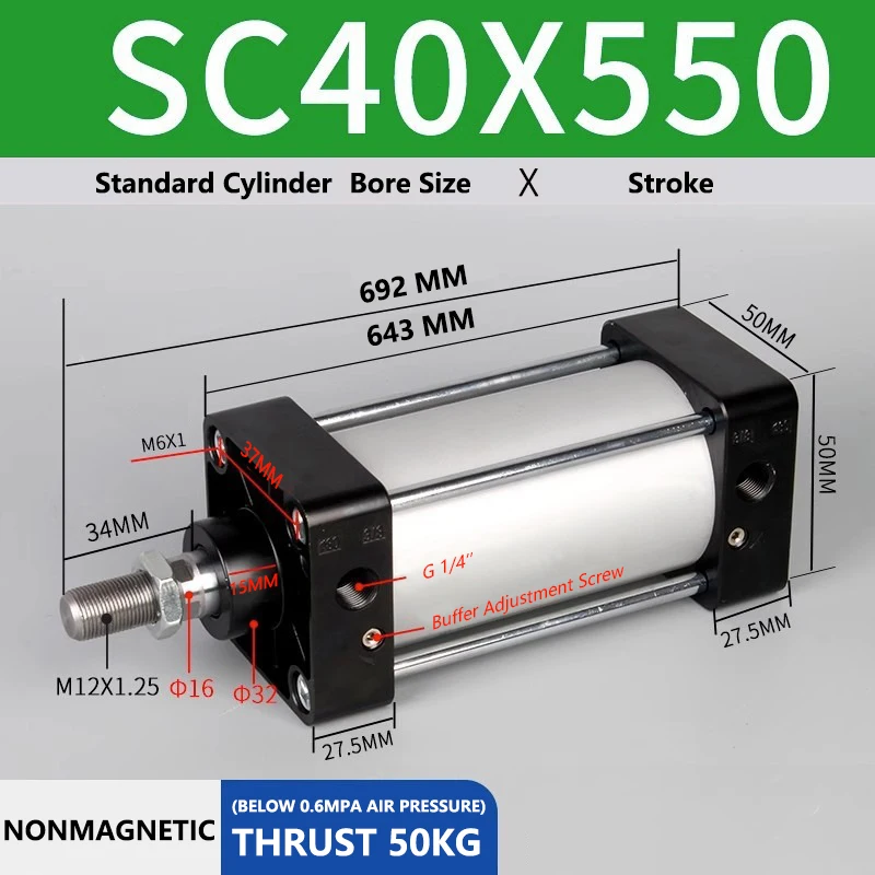 ABILKEEN SC40X550 Standard Pneumatic Cylinder 40mm Bore Size X 550 MM Stroke Double Acting Air Standard Cylinder