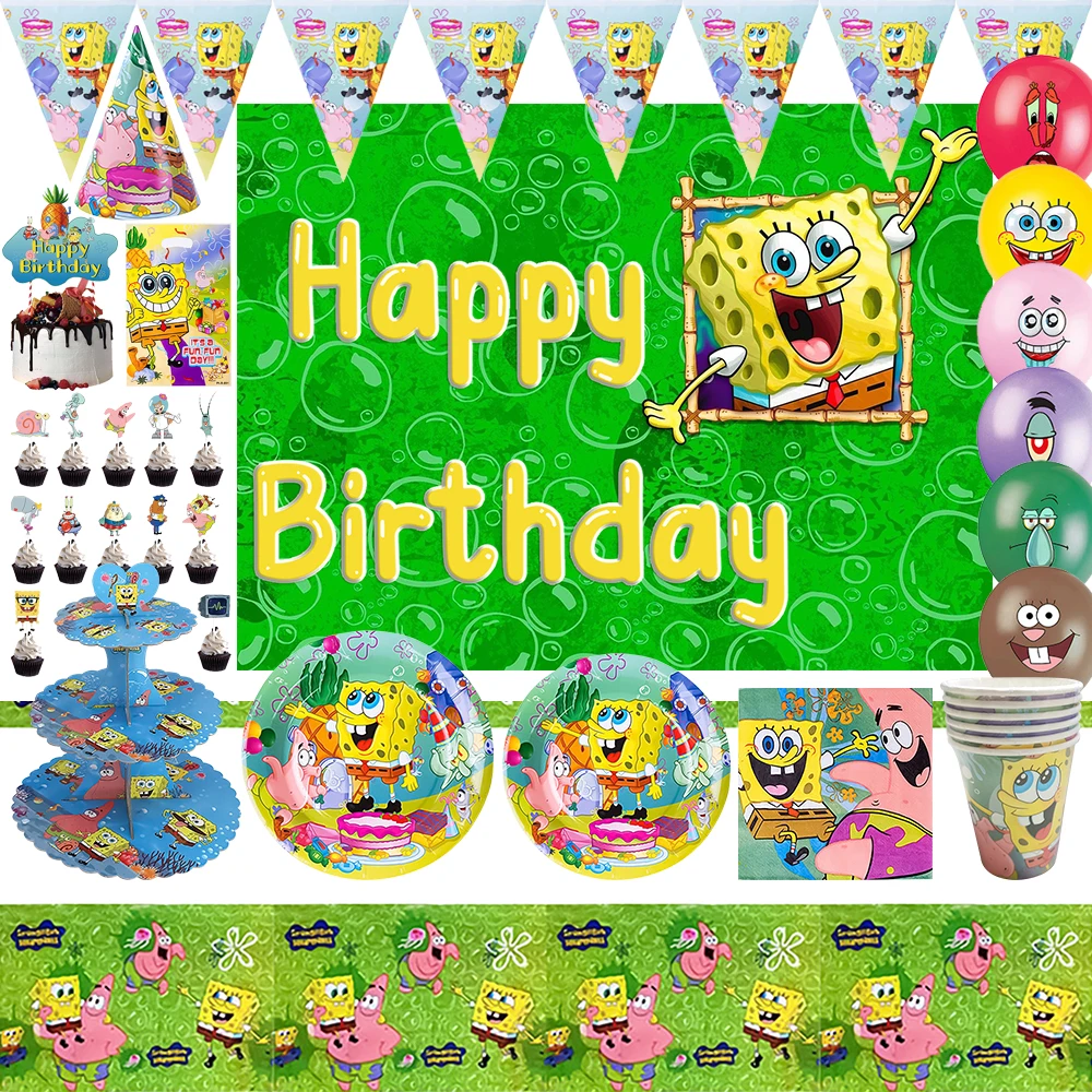 

Cartoon SpongeBobs SquarePants Theme Party Decor Disposable Tableware Plate Cup Cake Topper Balloon Supplies Background Kid Gift