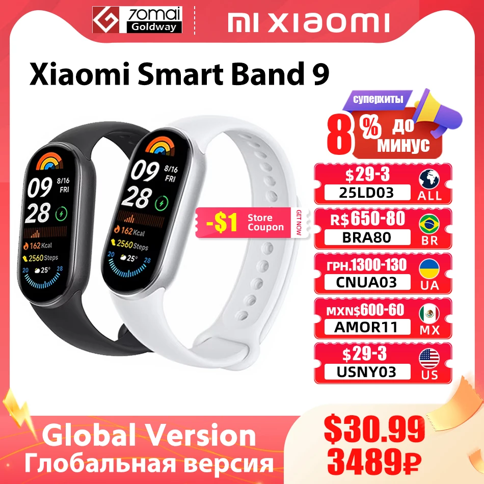 Versión Global Xiaomi Band 9 Mi pulsera inteligente 9 colores AMOLED 1,62 "Ultra 21 días de duración de la batería Miband reloj de pulsera oxígeno en sangre