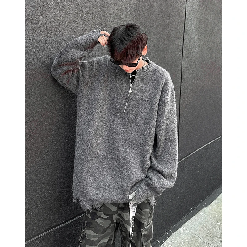 [OIMG] American High Street Half Zipper Ripped Sweater Men's Autumn And Winter Hip-hop Fashion Brand Couple