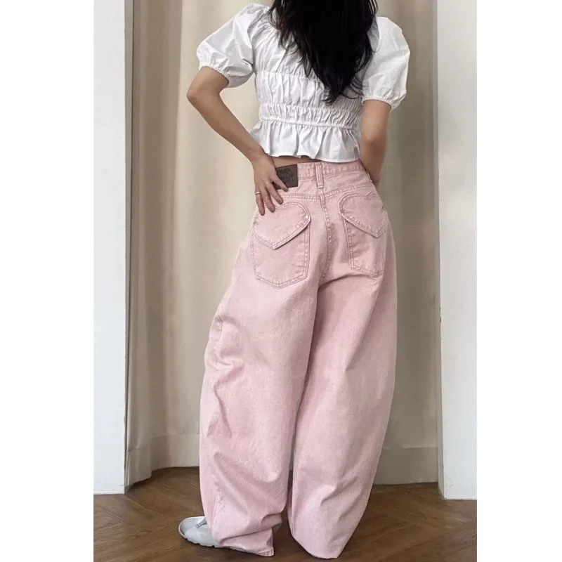High Waist Loose Jeans Heart Pocket Design Girl's Heart Exploding Cute Fashionable Breathable Comfortable All Season Jeans