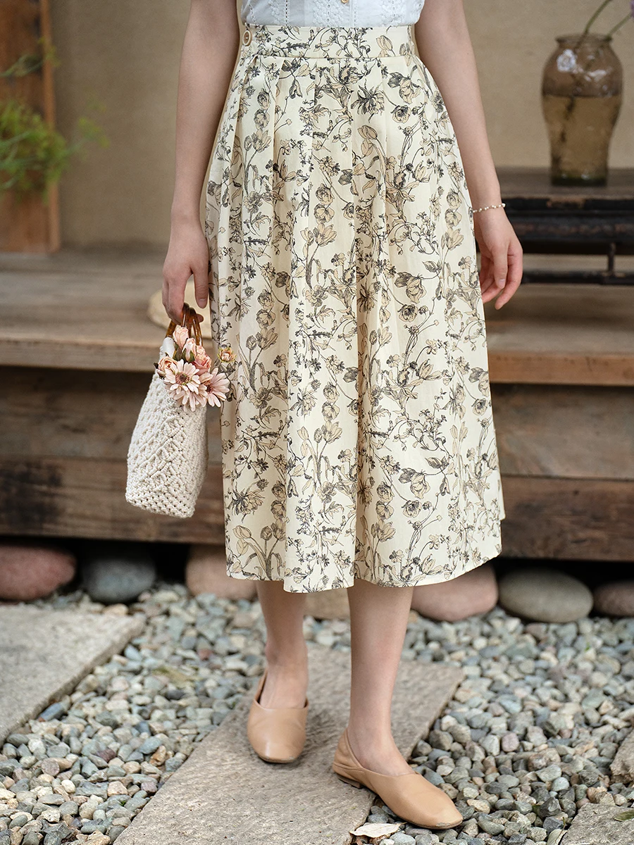 

Pure Cotton Floral Print A-Line Midi Skirt Women's New Summer Faion Slimming High Waist Gored Skirt Commute Artistic Sle