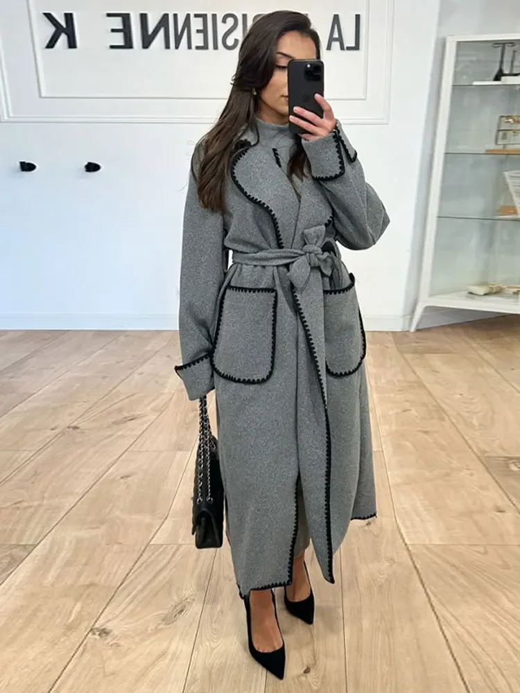 

Quilted Long Trench Coat For Women Gray Wool Blends Belted Open Stitch Overcoat Fashion Commuter Streetwear Jackets 2023