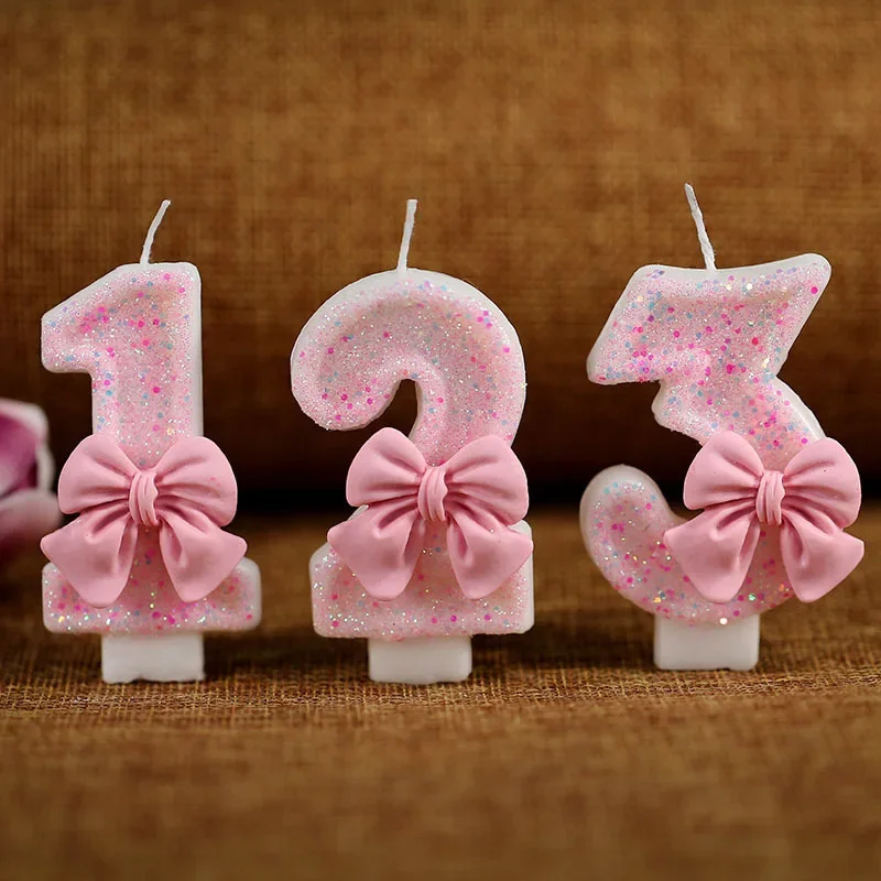 3D Number Cake Decorating Candle Pink Glitter Birthday Candles Digital Candle Cake Topper Birthday Party Anniversary Cake Decor