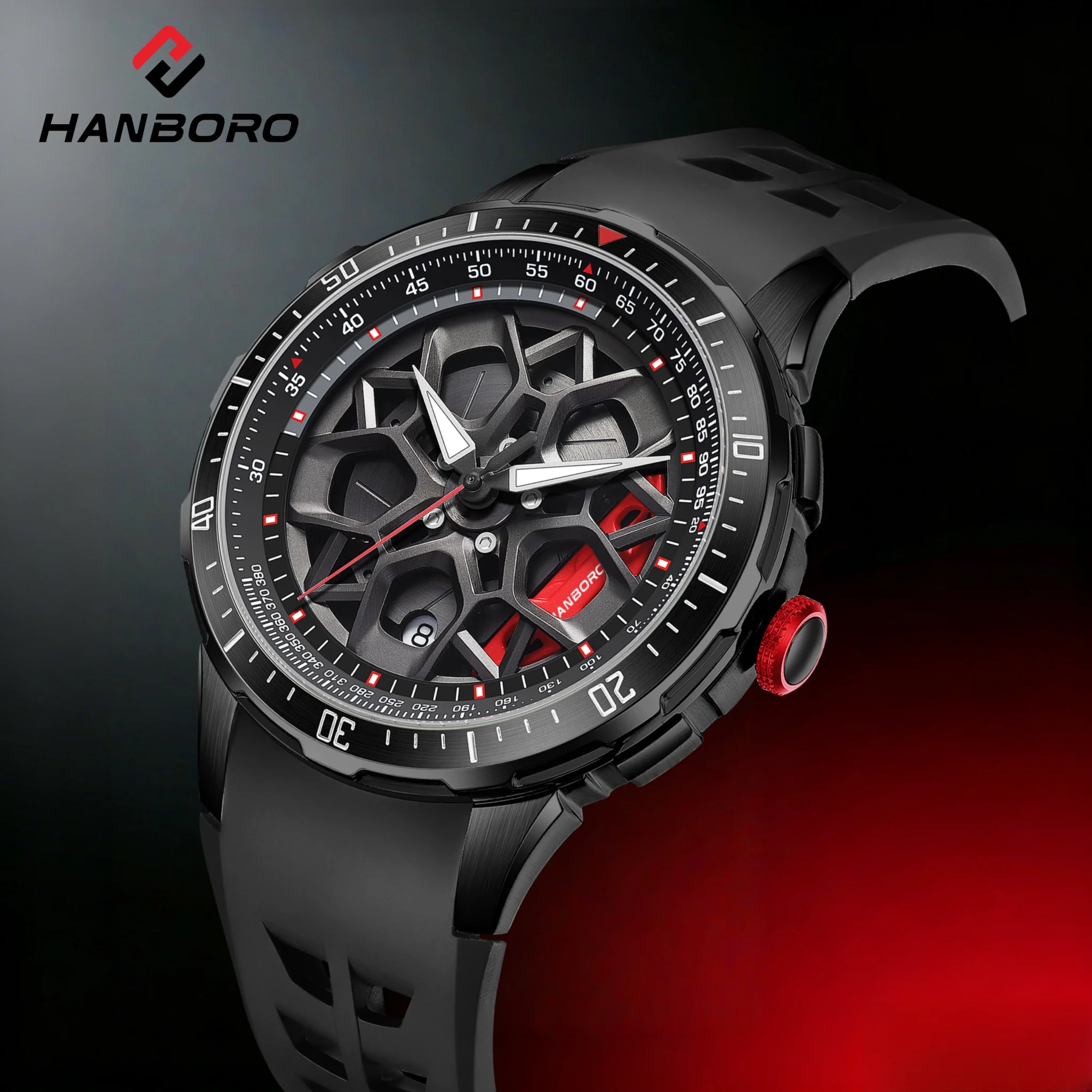 HANBORO Supercar Serie Herren Vollautomatische Mechanische Uhr mit Laufenden Rädern und Personalisiertem Zifferblatt