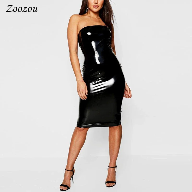 Imagem -02 - Vestido de Couro sem Alças de Látex Feminino Bodycon sem Mangas Comprimento do Joelho Vestido Lápis Elegante Senhora Slim Preto Sexy Personalizado