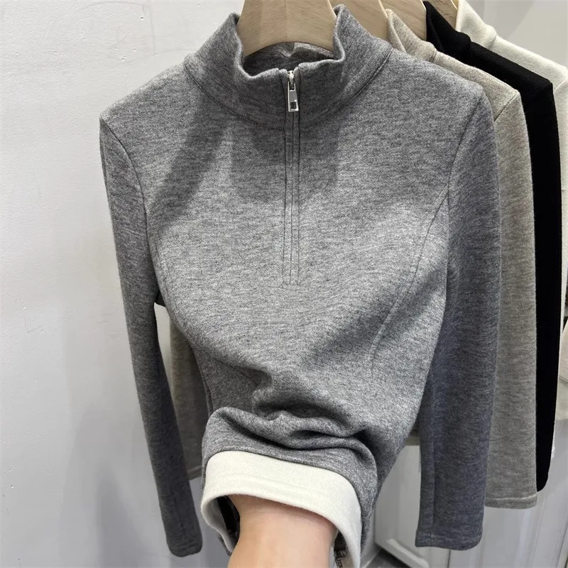 韓国ファッション レディース 無地 フェイクツーピース 長袖 パーカー スタンドカラー コントラストジッパー ハイストリート ベーシックトップ 秋