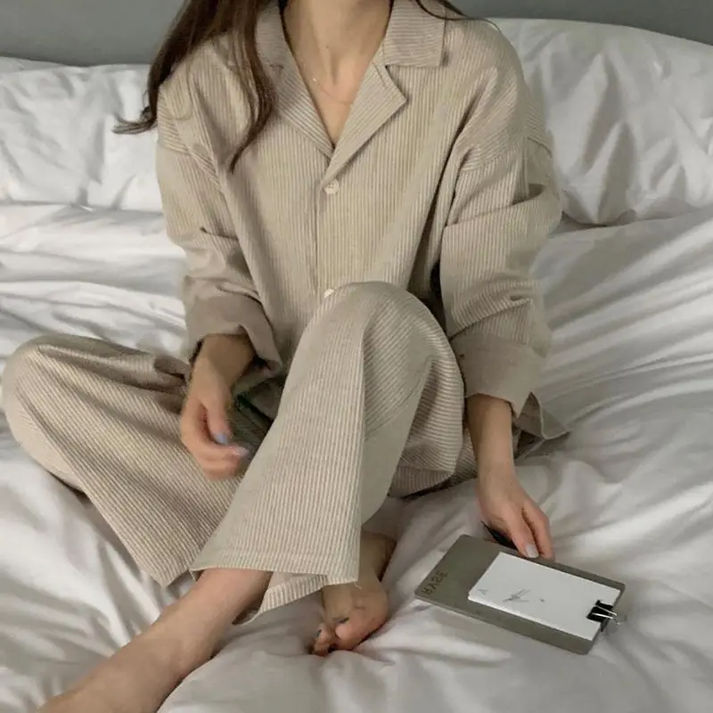 Striped Sleepwear Women Pajama Sets Korean Piiama Casual Night Wears Autumn Pants Sets 2 Pieces Button Long Sleeve Home Suit New