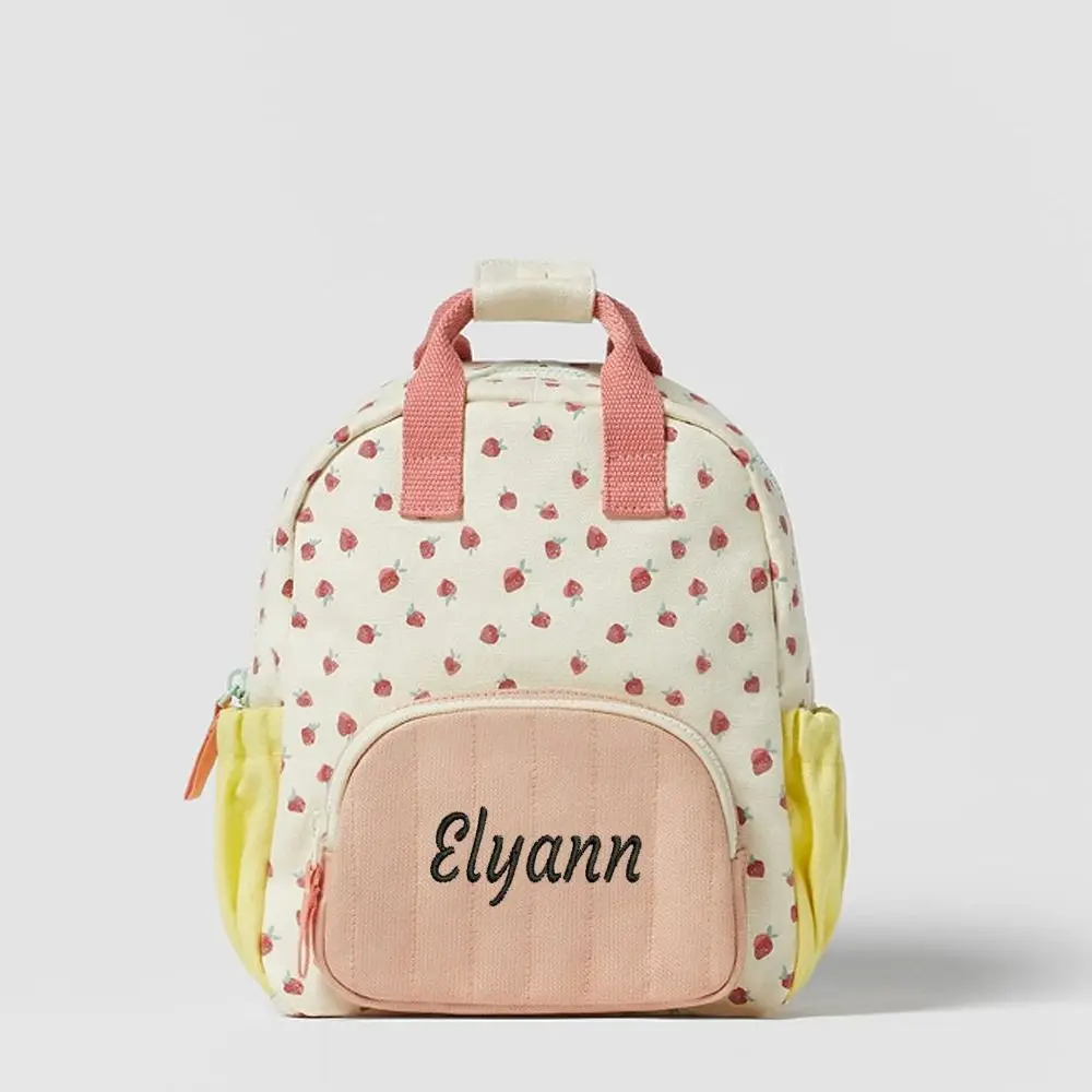 Personalized Embroidered Strawberry Kid Backpack Canvas Dopamine Cotton Schoolbag Add Children's Name Print Colorful