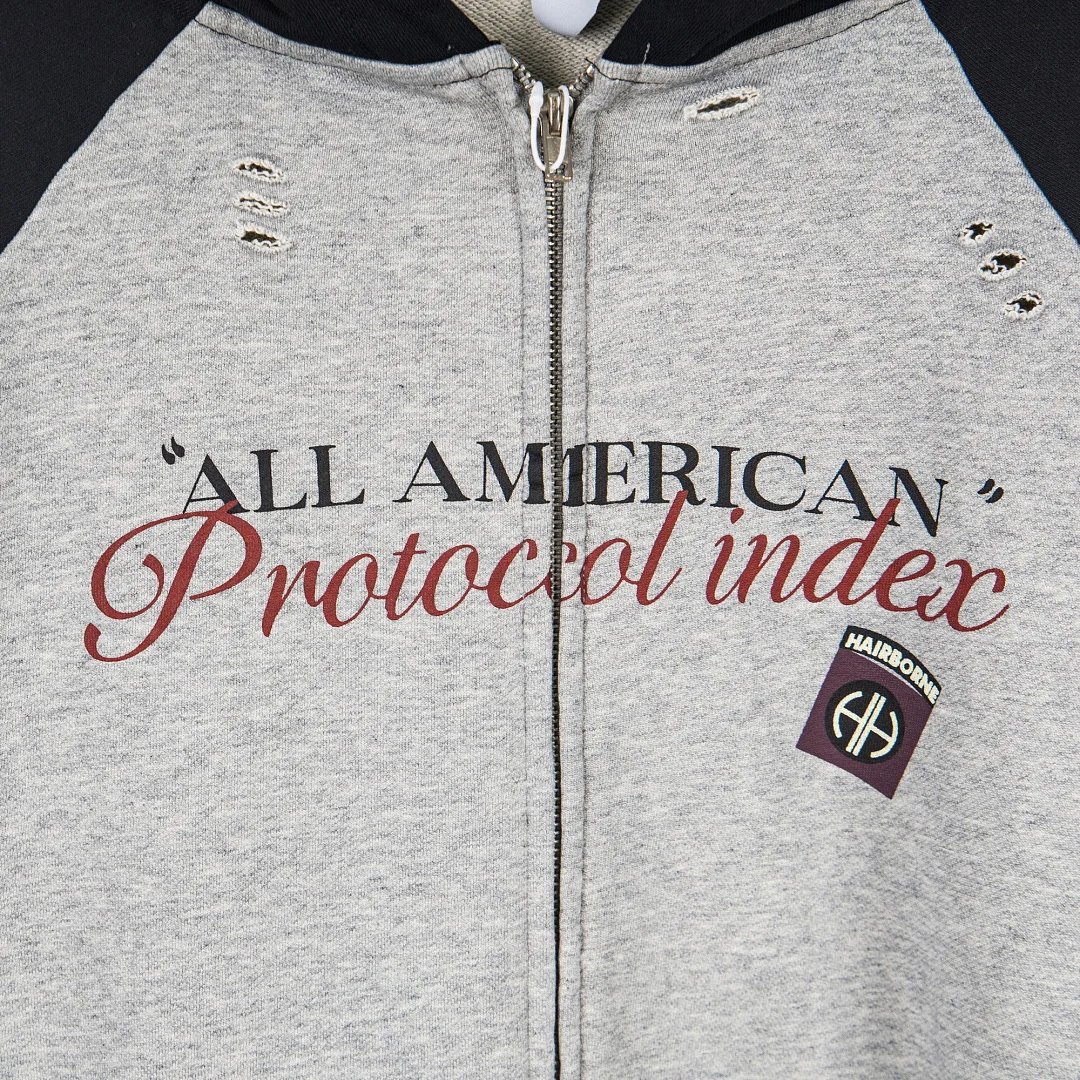 26fw PTL Color Block Zip Hoodie ALL AMERICAN Graphic Print Patches Distressed Destroyed Jacket Oversized Streetwear Sweatshirt