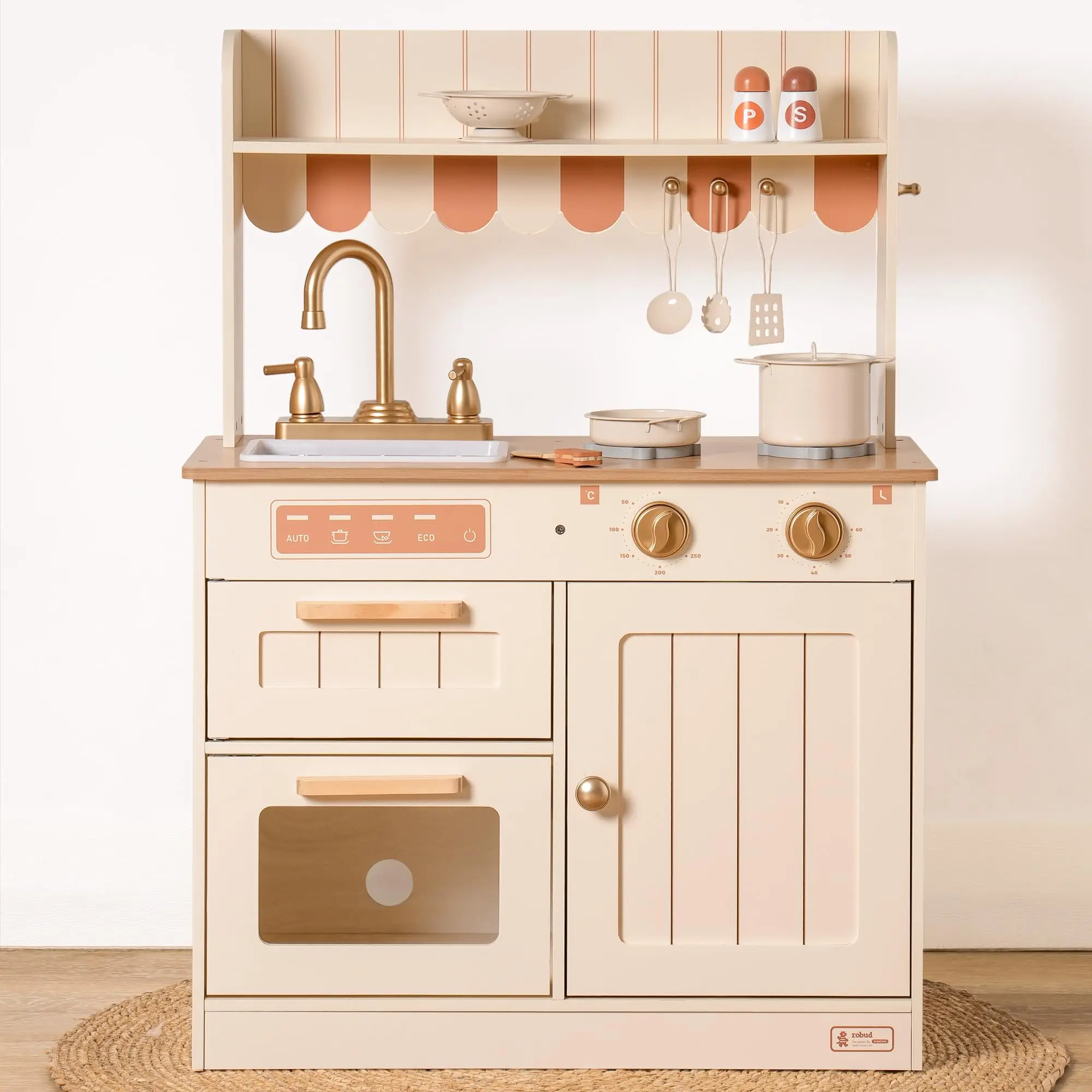 

ROBOTIME Play Kitchen Wooden American Vintage Style Kitchen Playset with Realistic Design Sink Oven Stove Cabinet for Kids